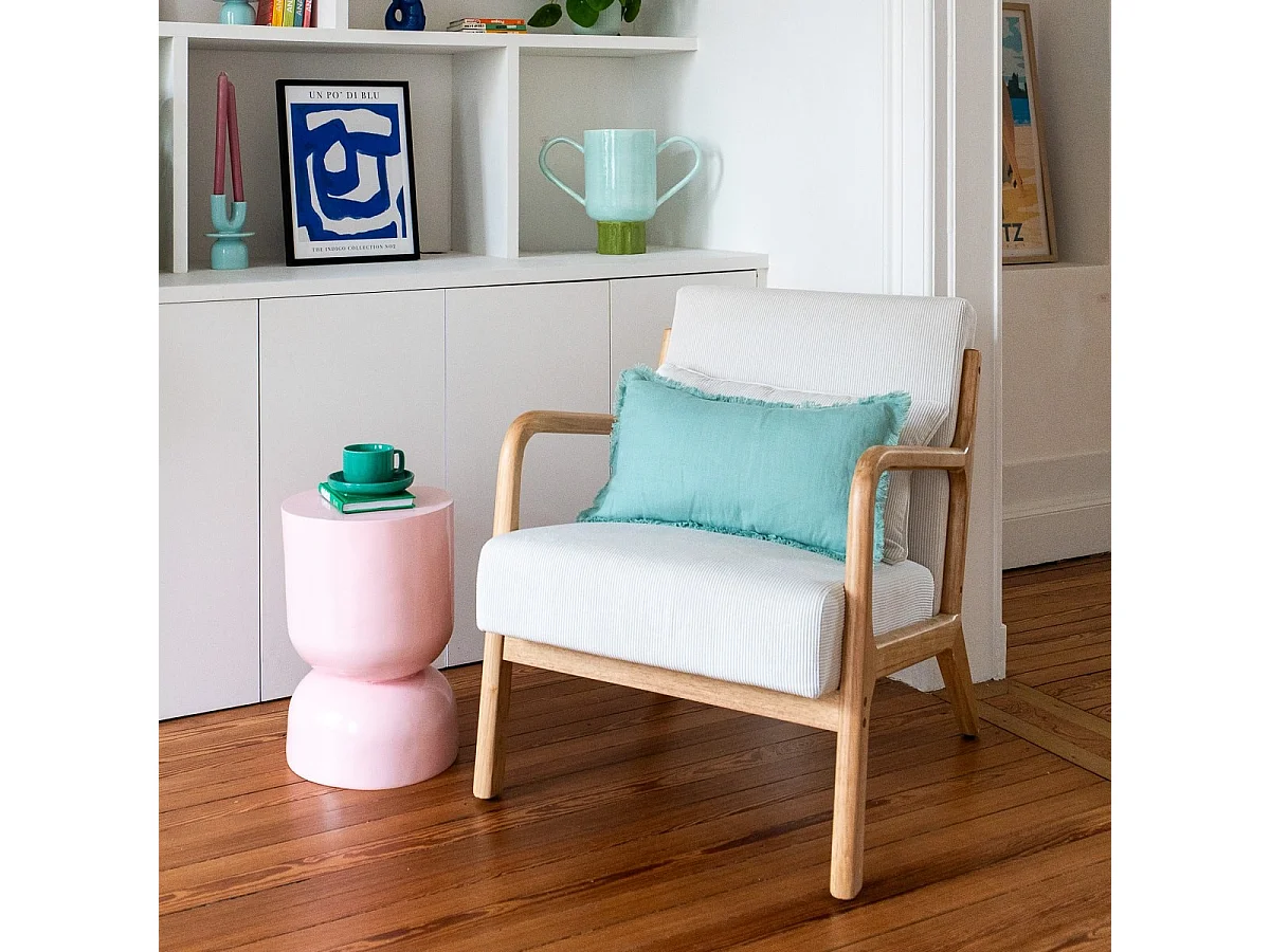 Fauteuil en bois et velours fines côtes beige - Lanna