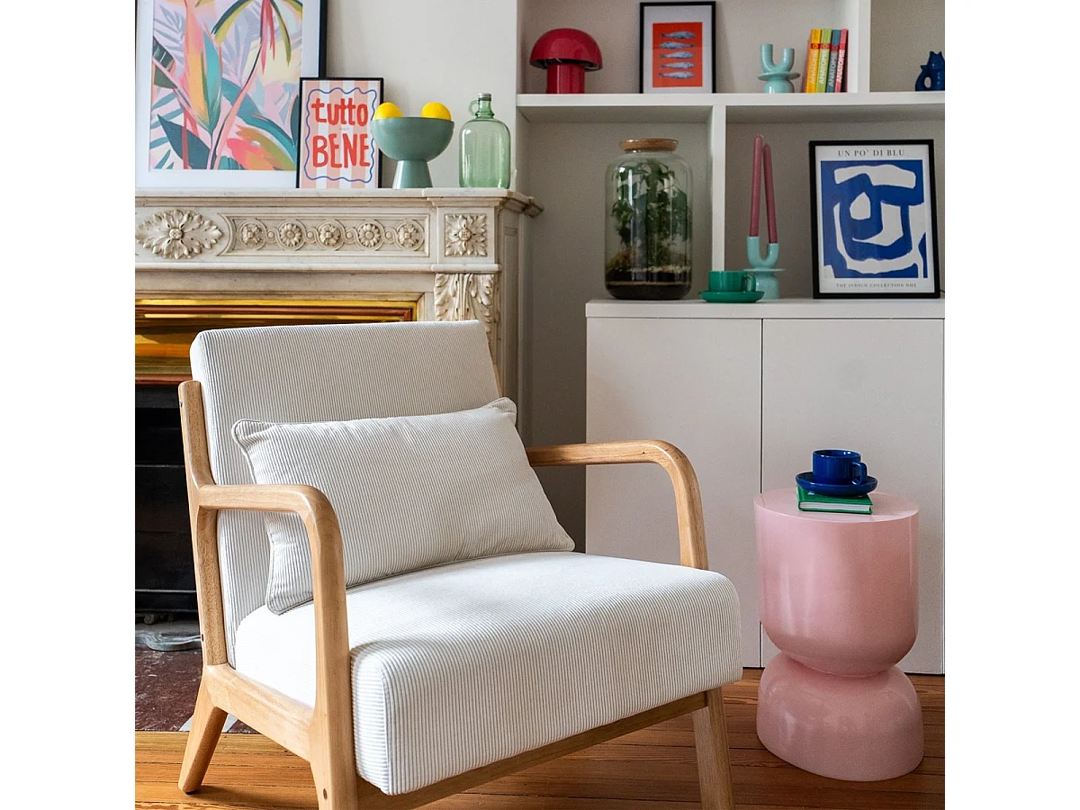 Fauteuil en bois et velours fines côtes beige - Lanna