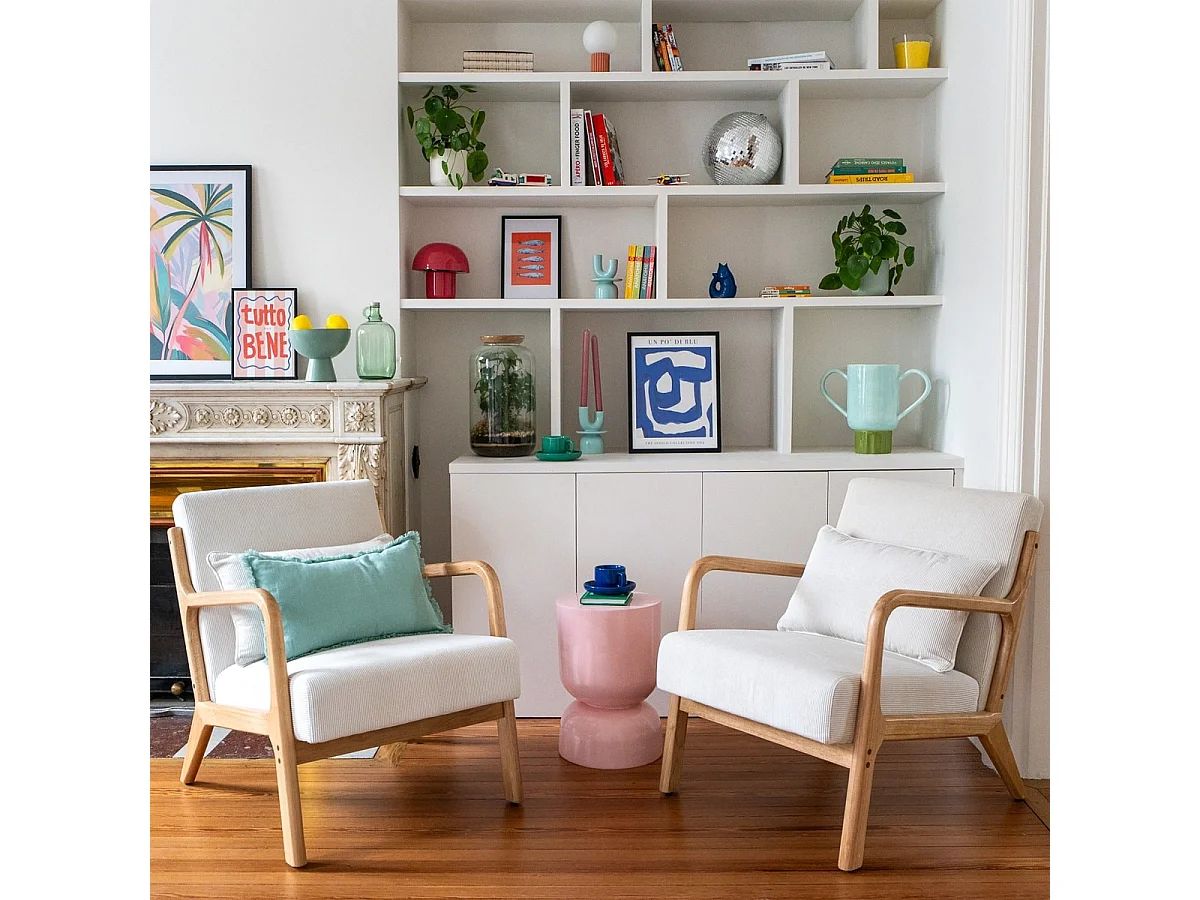 Fauteuil en bois et velours fines côtes beige - Lanna
