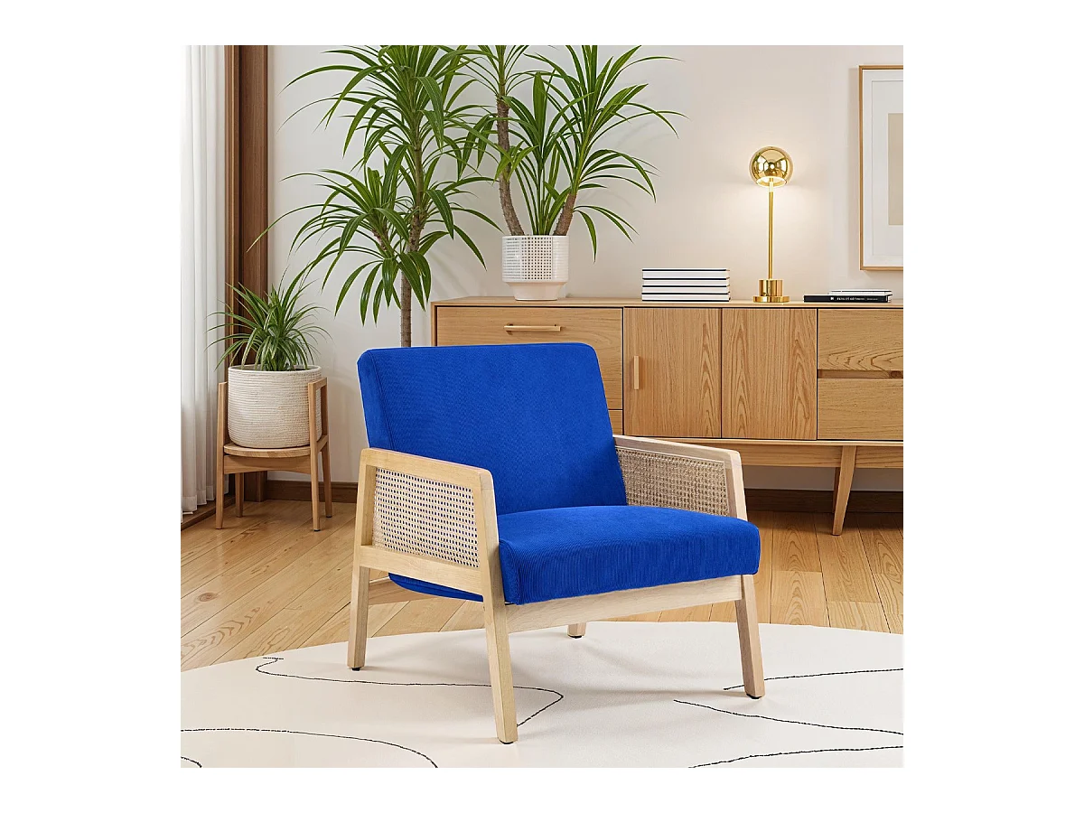 Fauteuil en cannage et velours côtelé bleu électrique - Mani