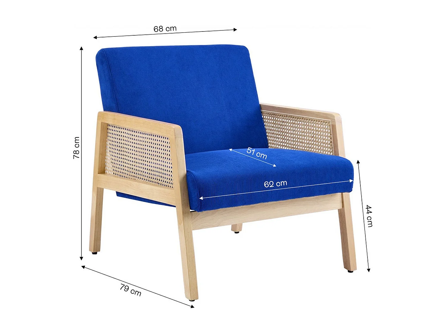 Fauteuil en cannage et velours côtelé bleu électrique - Mani