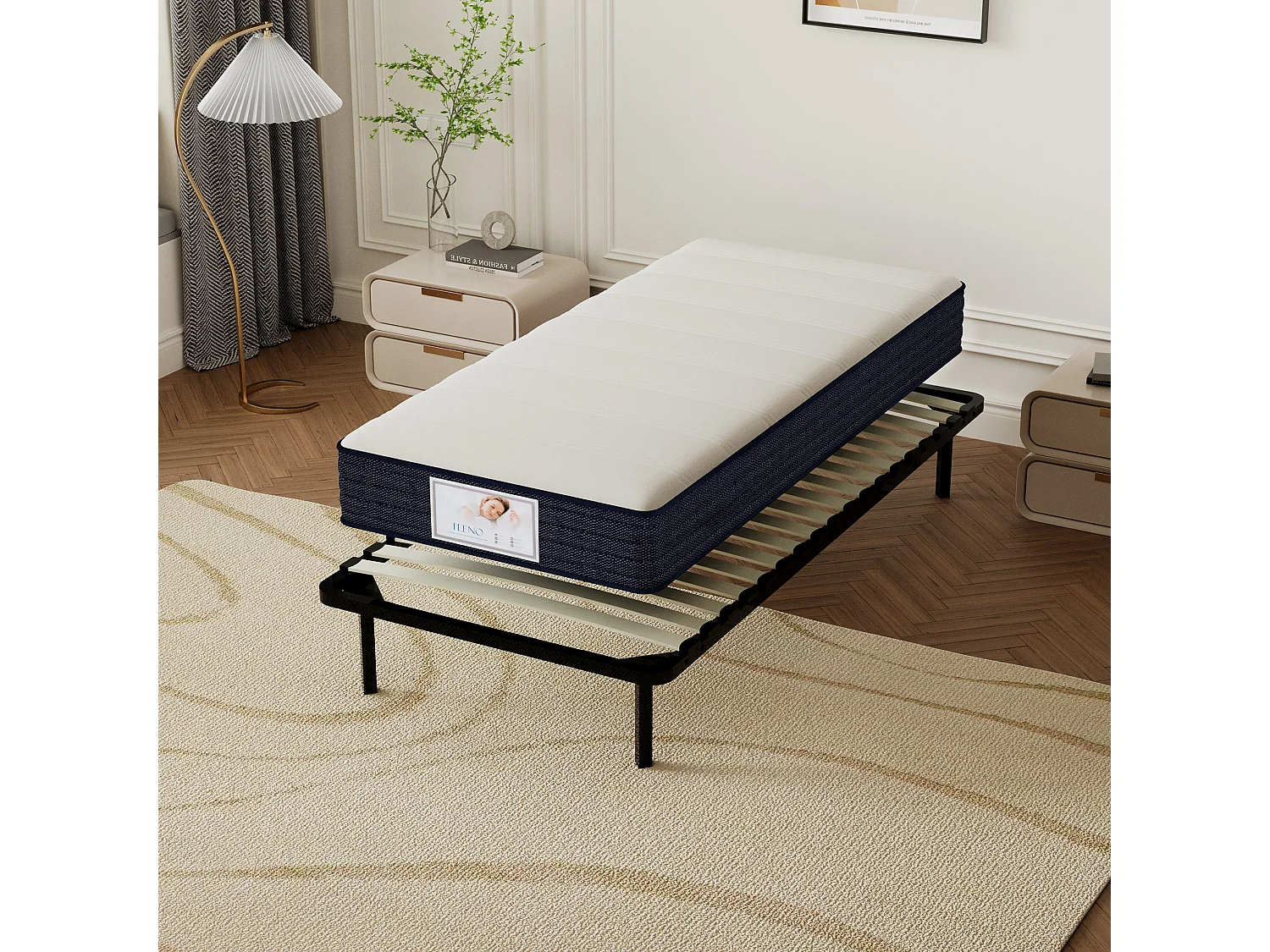 Ensemble Matelas à ressorts +Sommier à Lattes sur Pieds, 90x190cm, Epaisseur du Matelas 22cm