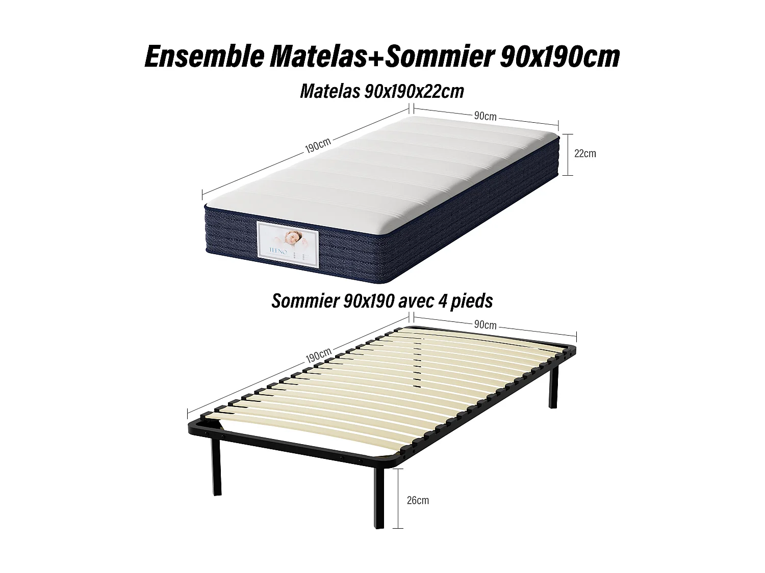 Ensemble Matelas à ressorts +Sommier à Lattes sur Pieds, 90x190cm, Epaisseur du Matelas 22cm