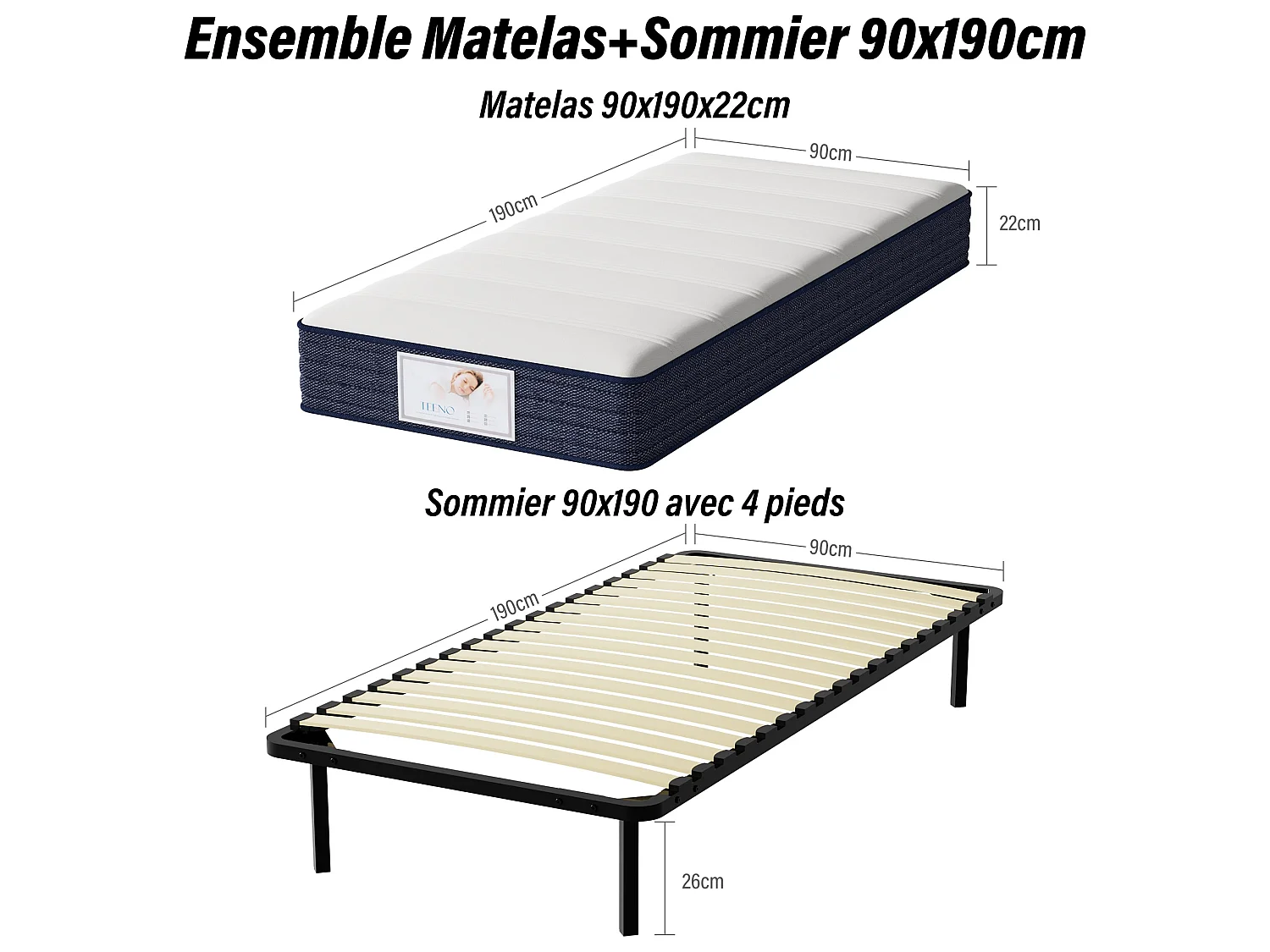 Ensemble Matelas à ressorts +Sommier à Lattes sur Pieds, 90x190cm, Epaisseur du Matelas 22cm