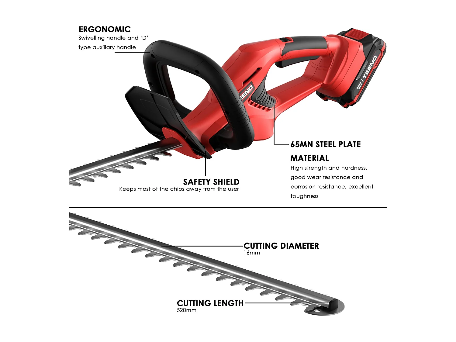 Taille-haie sans Fil 2.0Ah Li-on Batterie,  Diamètre de Coupe 16 mm, La poignée est orientable à 180°