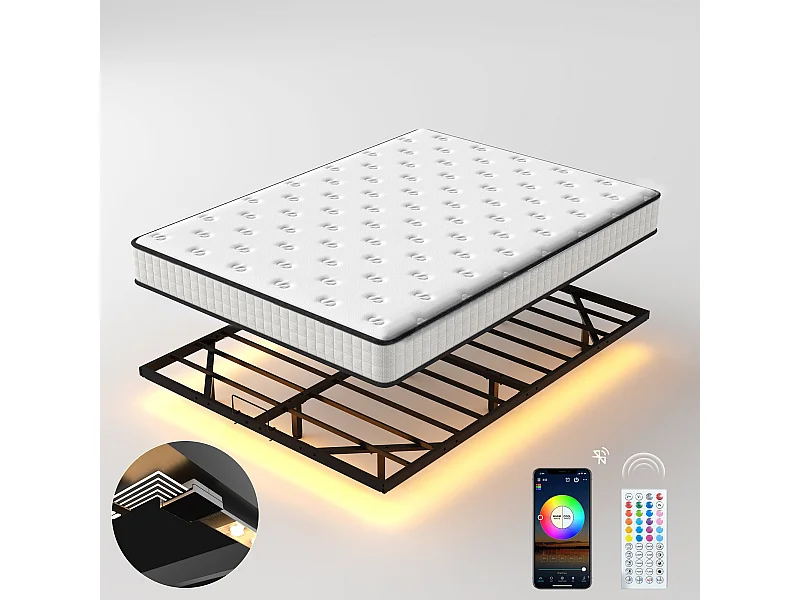 Ensemble matelas LED 140x190 cm - matelas en mousse de 22 cm d'épaisseur + cadre de lit en métal avec éclairage LED