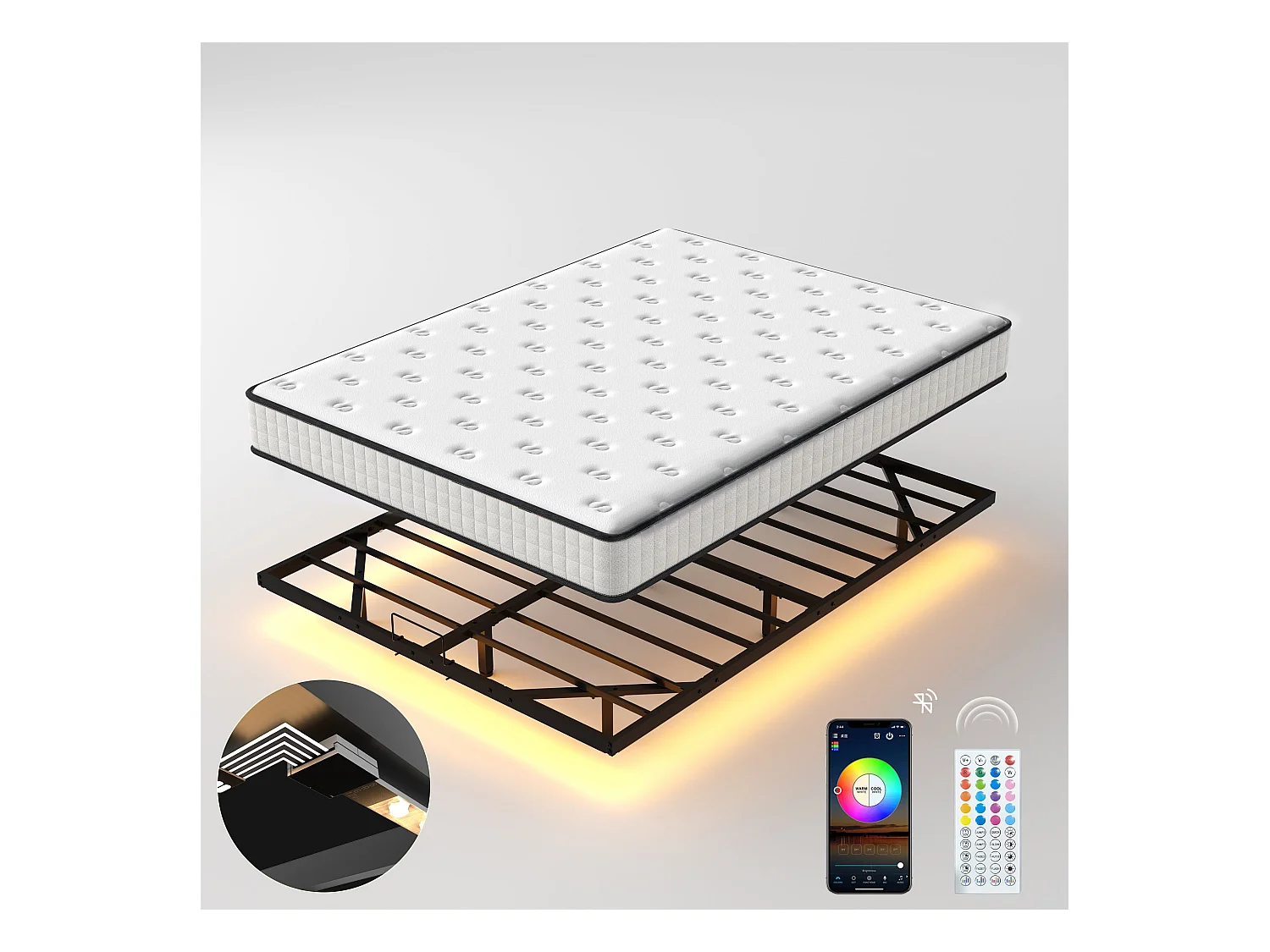 Ensemble matelas LED 140x190 cm - matelas en mousse de 22 cm d'épaisseur + cadre de lit en métal avec éclairage LED