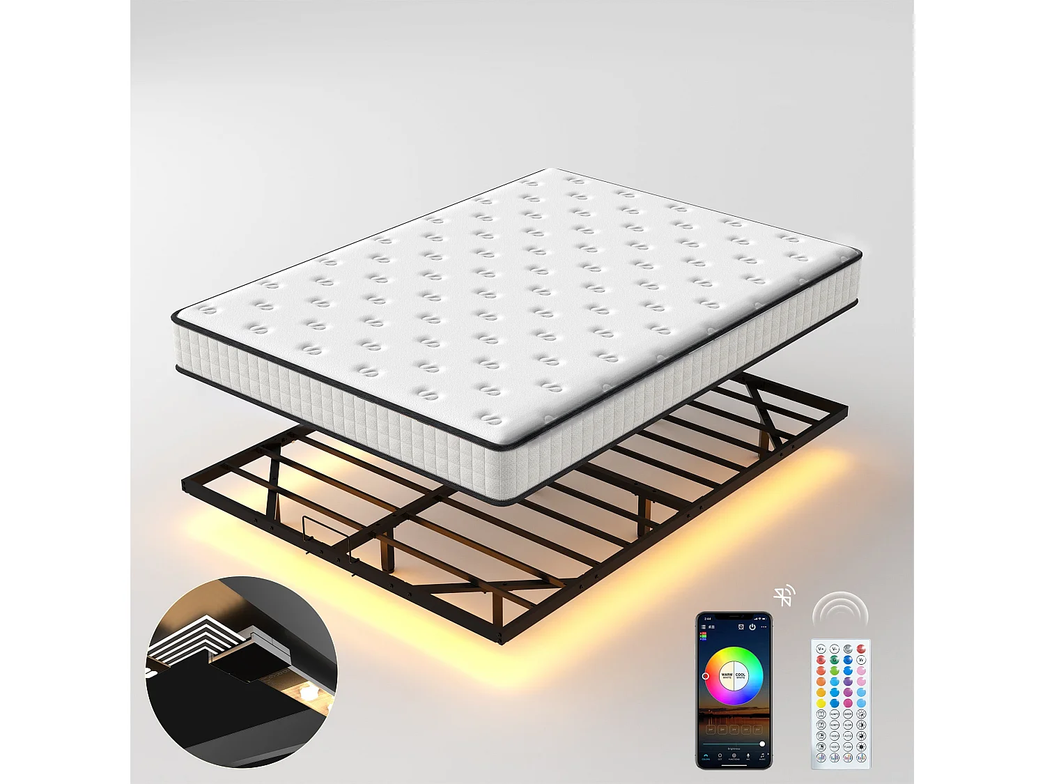 Ensemble matelas LED 140x190 cm - matelas en mousse de 22 cm d'épaisseur + cadre de lit en métal avec éclairage LED