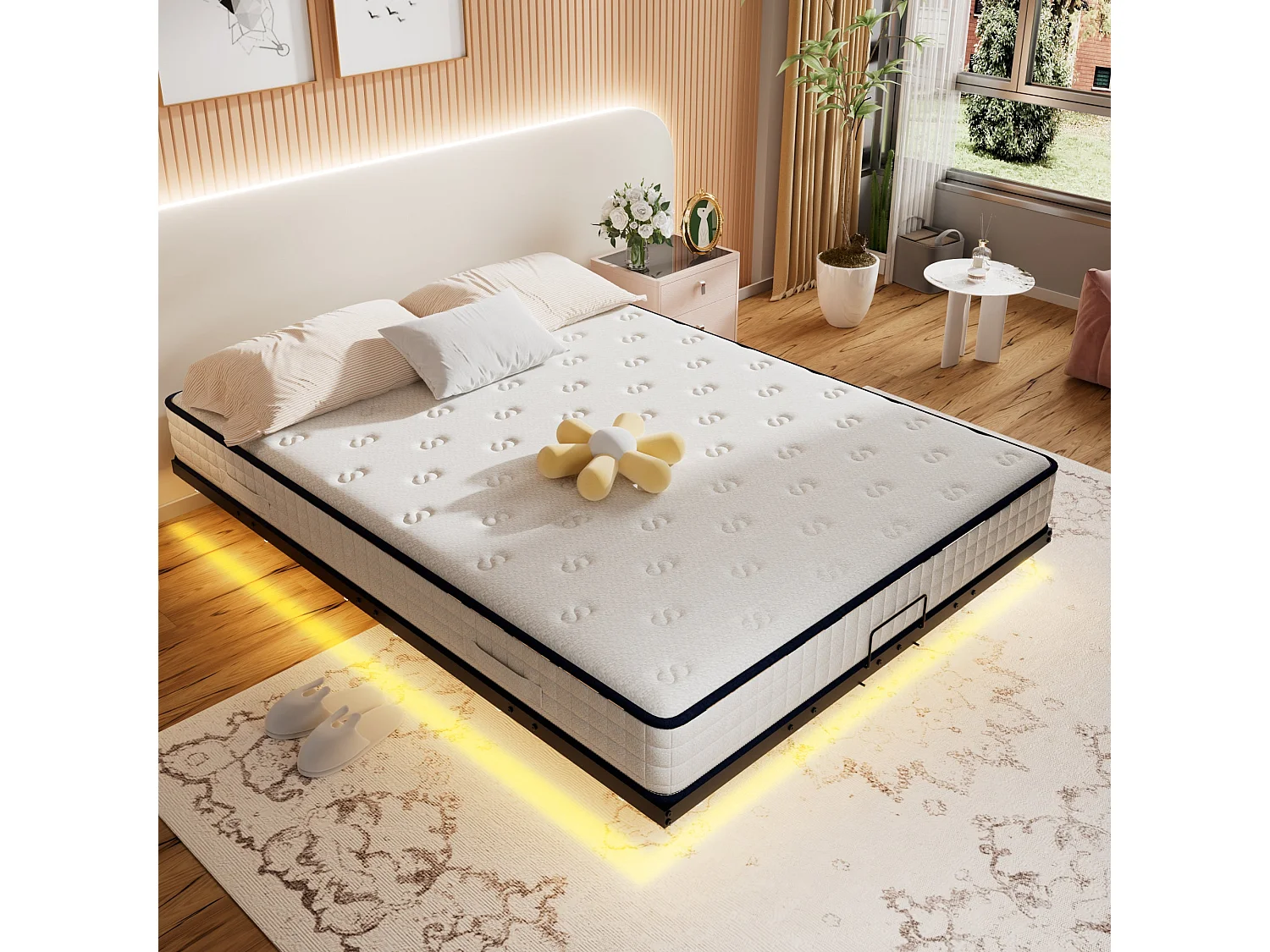 Ensemble matelas LED 140x190 cm - matelas en mousse de 22 cm d'épaisseur + cadre de lit en métal avec éclairage LED