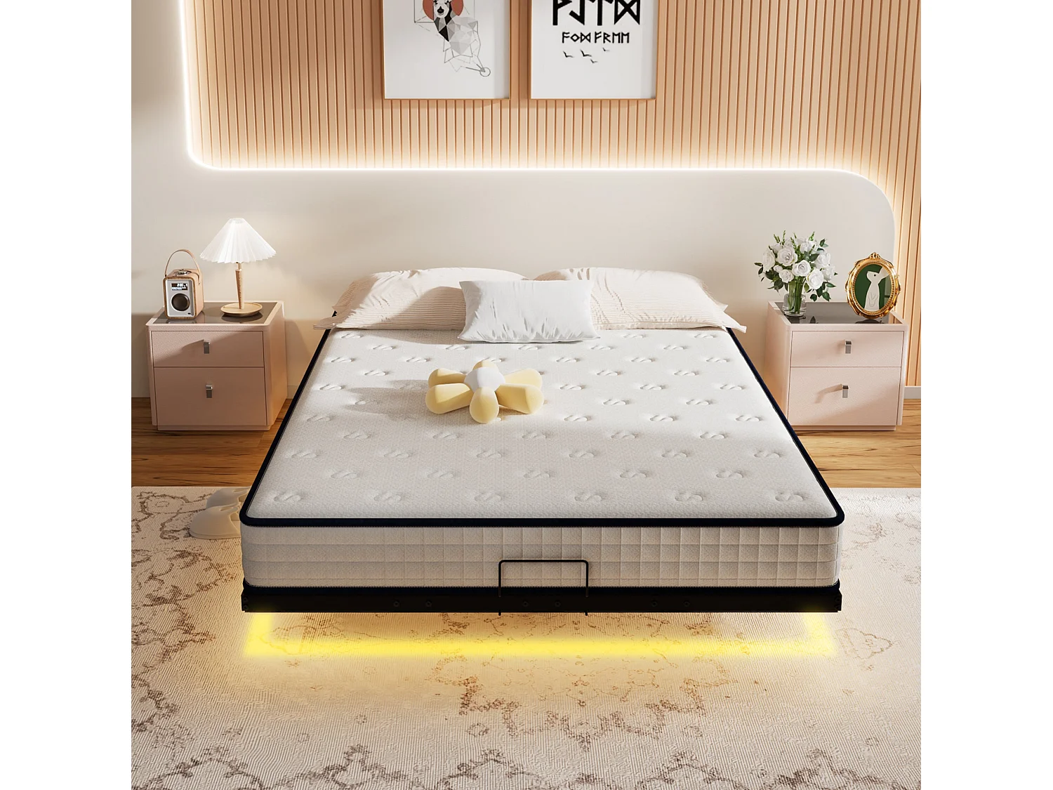 Ensemble matelas LED 140x190 cm - matelas en mousse de 22 cm d'épaisseur + cadre de lit en métal avec éclairage LED