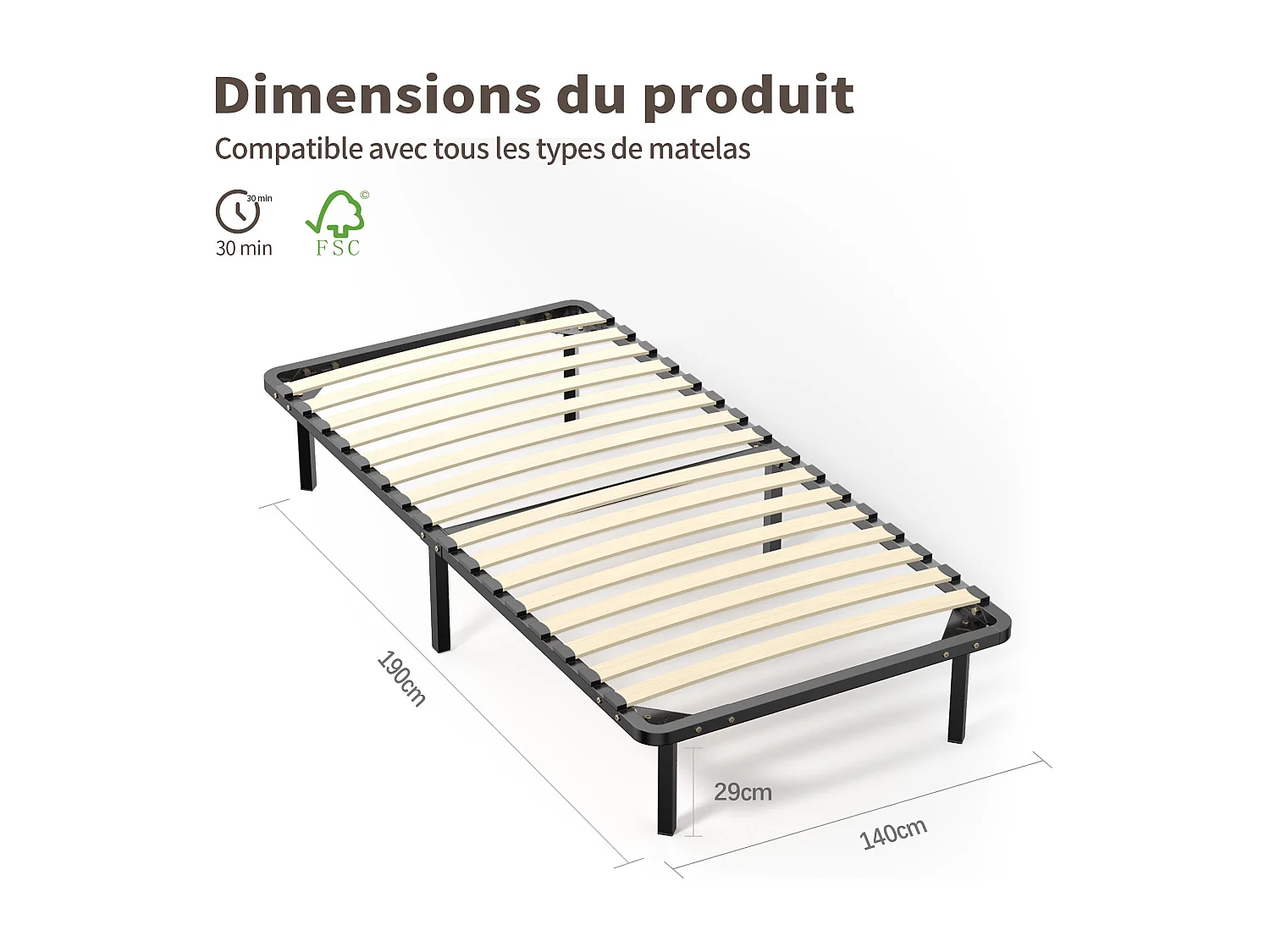 Ensemble Matelas en mousse + Sommier à Lattes 90x190cm, Epaisseur du Matelas 18 cm