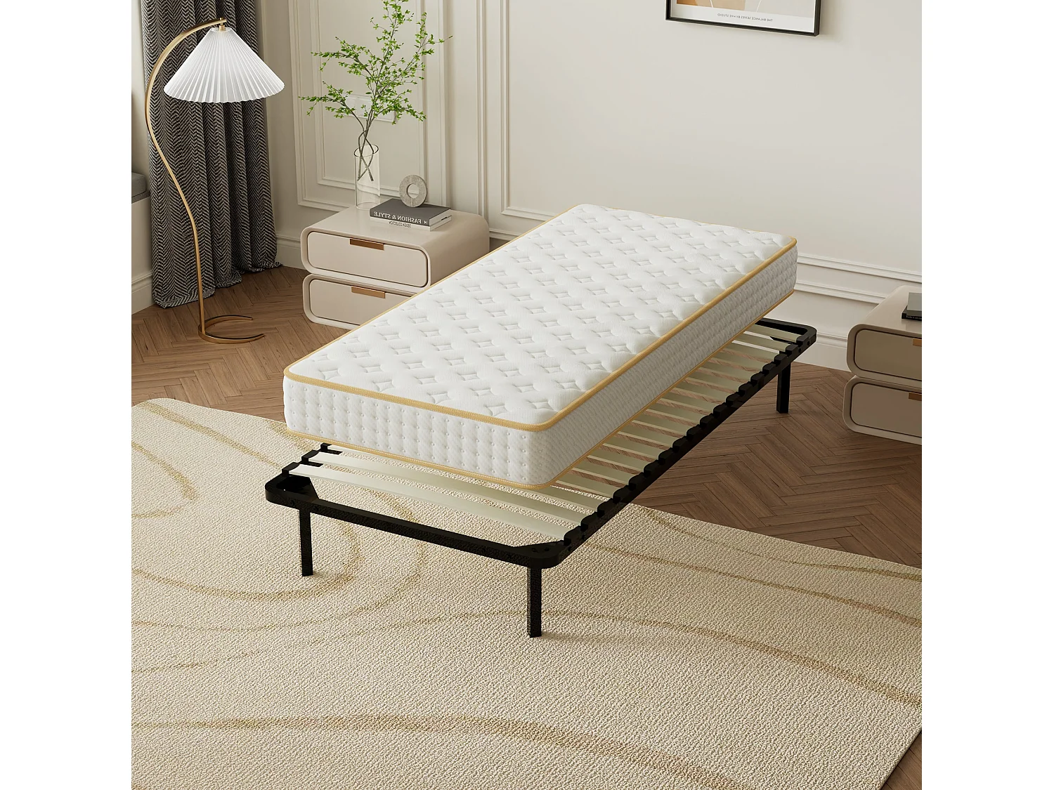 Ensemble Matelas en mousse + Sommier à Lattes 90x190cm, Epaisseur du Matelas 18 cm