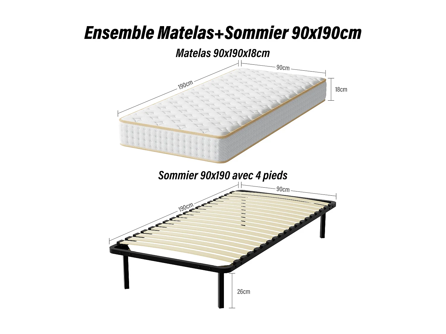 Ensemble Matelas en mousse + Sommier à Lattes 90x190cm, Epaisseur du Matelas 18 cm