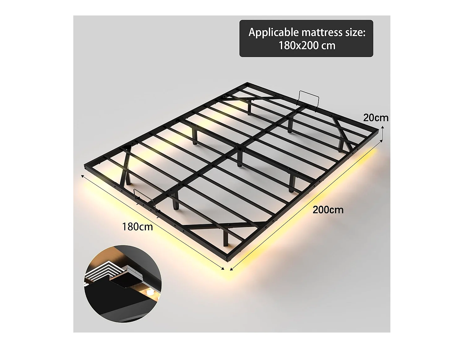 Cadre de lit LED en métal 180x200 cm, hauteur 20 cm, cadre flottant, pieds dissimulés, noir
