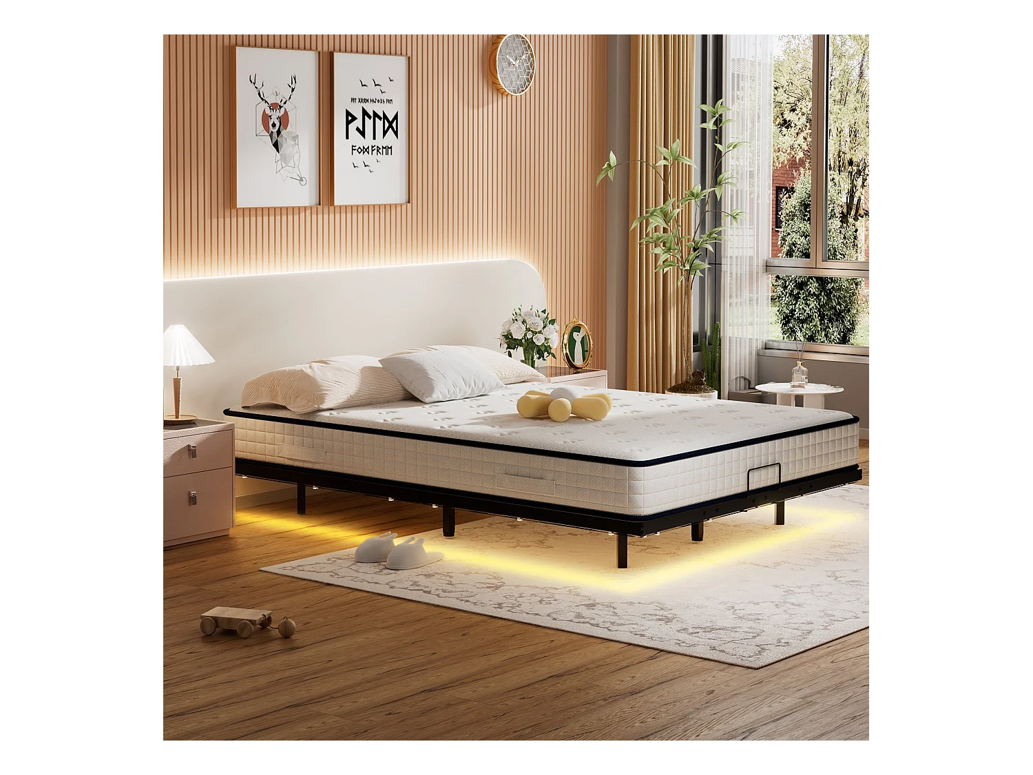 Cadre de lit LED en métal 180x200 cm, hauteur 20 cm, cadre flottant, pieds dissimulés, noir