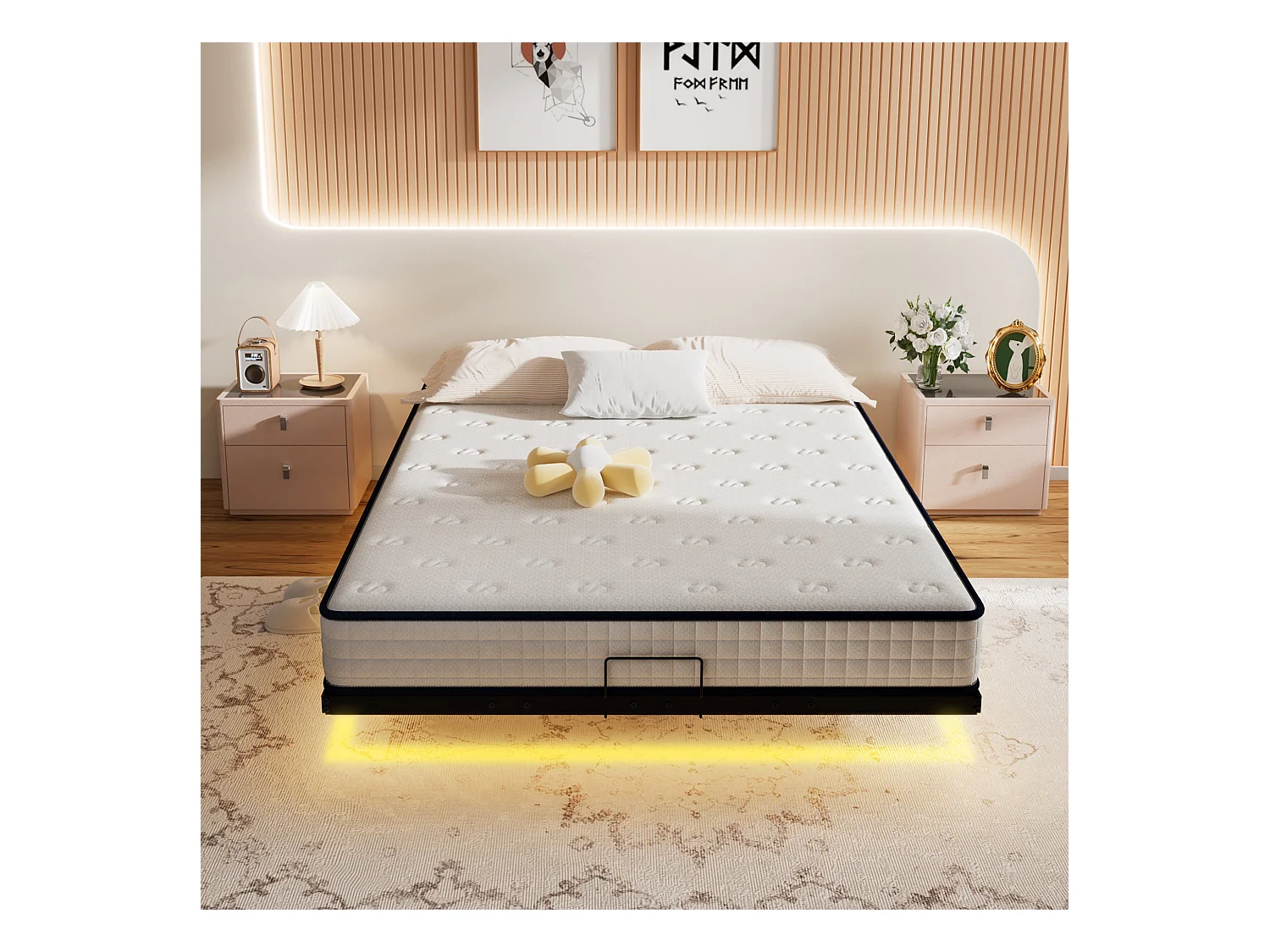 Cadre de lit LED en métal 180x200 cm, hauteur 20 cm, cadre flottant, pieds dissimulés, noir