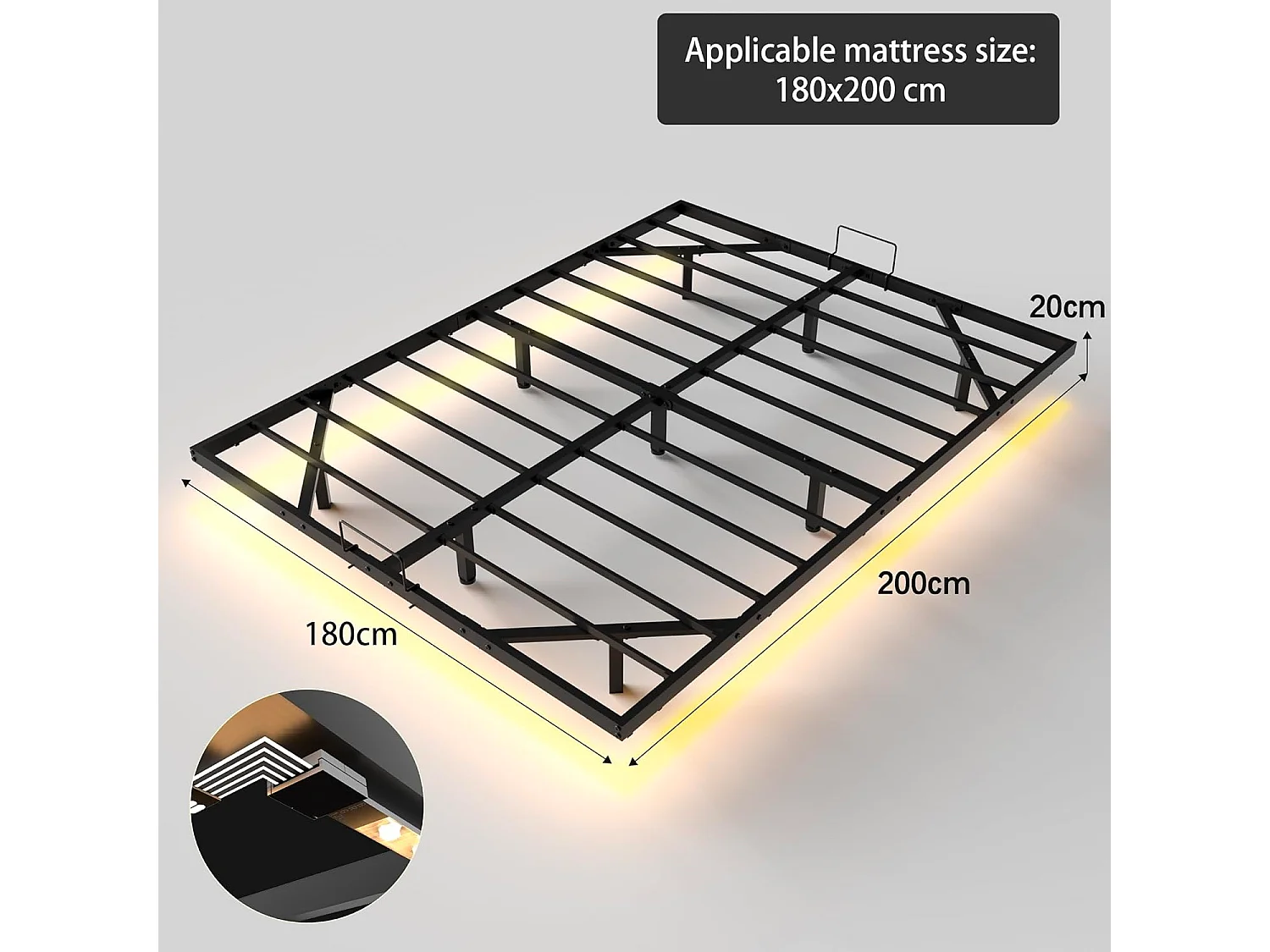 LED-bedframe van metaal 180x200 cm, hoogte 20 cm, zwevend frame, verborgen poten, zwart