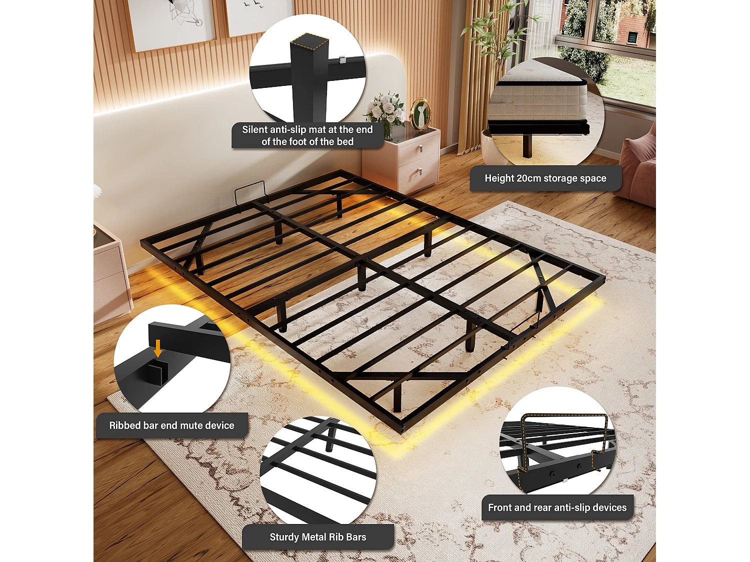 LED-bedframe van metaal 180x200 cm, hoogte 20 cm, zwevend frame, verborgen poten, zwart