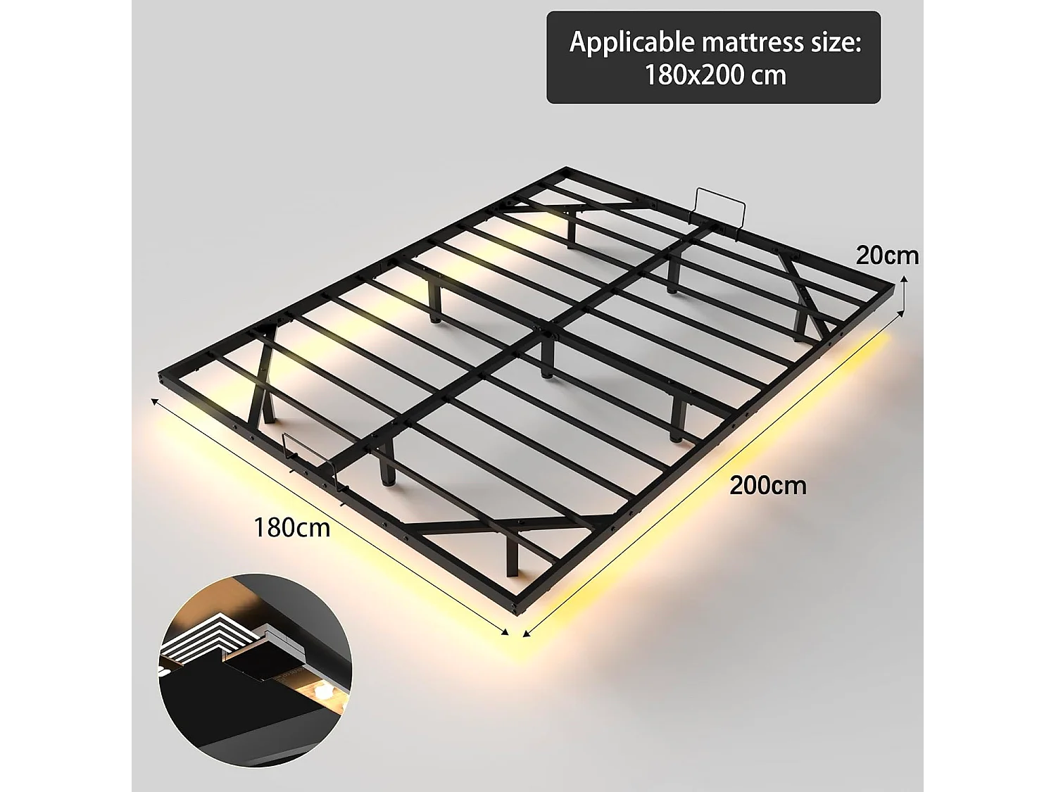 Cadre de lit LED en métal 180x200 cm, hauteur 20 cm, cadre flottant, pieds dissimulés, noir