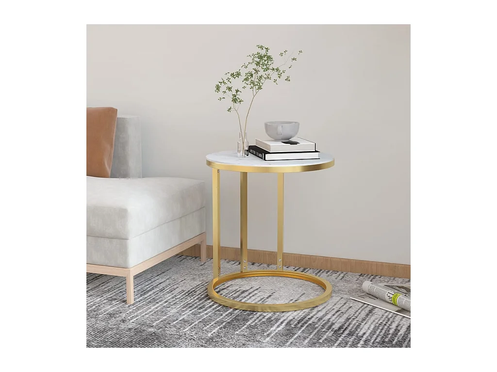 Mesa de apoio 45 cm dourada e vidro temperado branco mármore PT225078