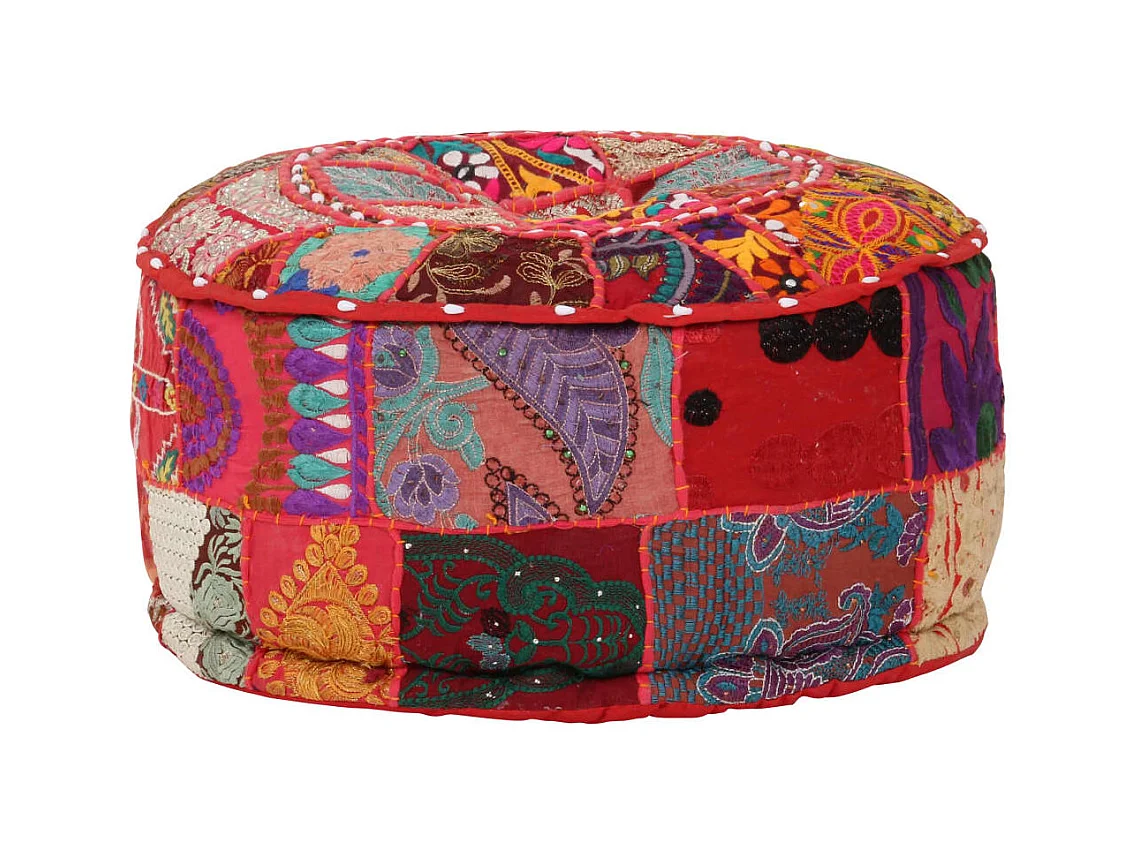 Puf redondo de pachtwork algodón hecho a mano 40x20 cm rojo ES340252