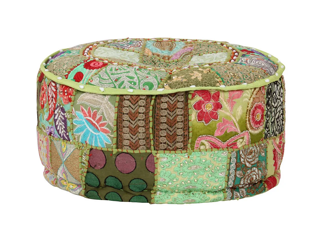 Puf redondo de pachtwork algodón hecho a mano 40x20 cm verde ES128579