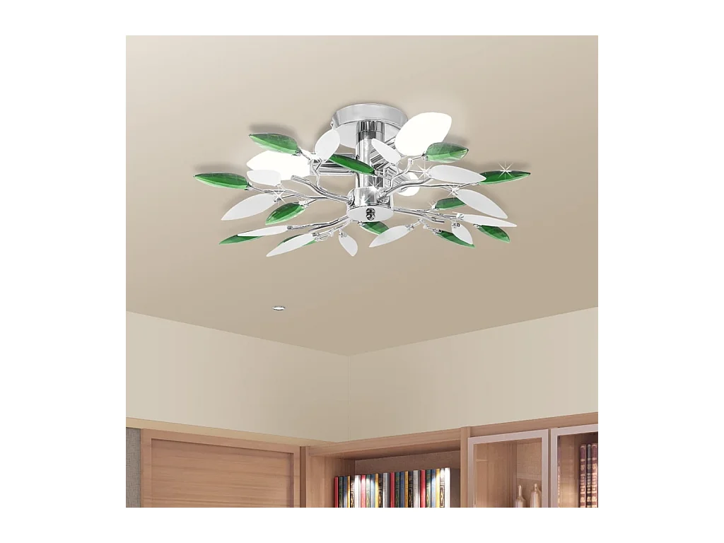 Lâmpada teto com folhas de acrílico e cristal branco & verde, 3 E14 PT927406