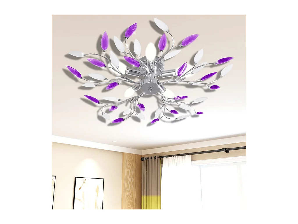 Lâmpada teto com folhas de acrílico e cristal, branca e lilás, 5 x E14 PT276876