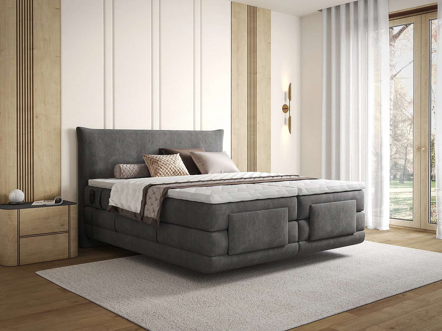 Ensemble complet boxspring tête de lit + sommiers relaxation électrique + matelas + surmatelas - 2 x 90 x 200 cm - Tissu - Anthracite - ZANORO de PALACIO