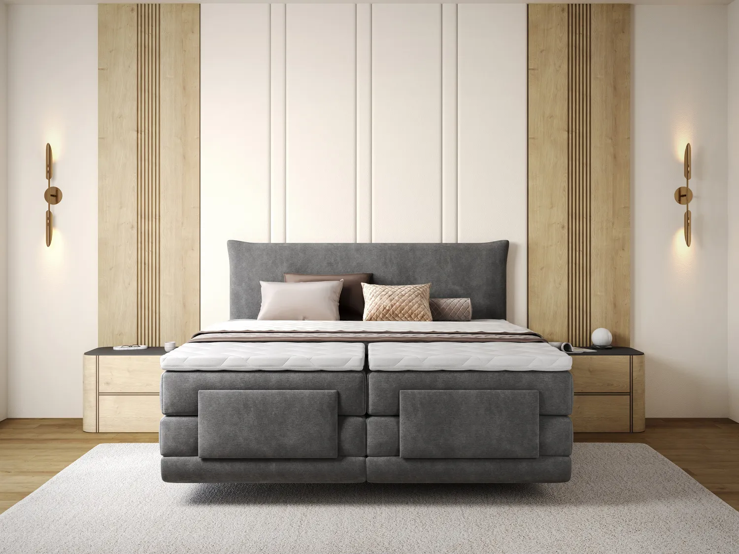 Conjunto completo boxspring cabecero + somieres con elevación eléctrica + colchón + sobrecolchón - 2 x 90 x 200 cm - Tejido - Antracita - ZANORO de PALACIO