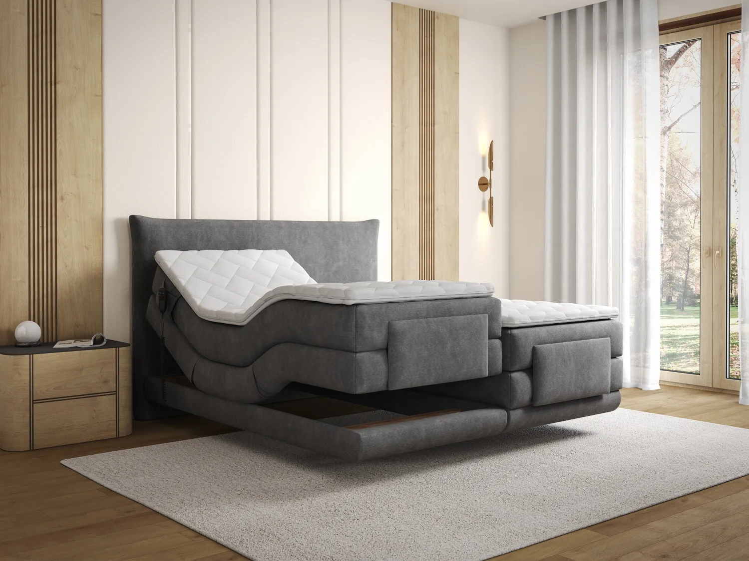 Conjunto completo boxspring cabecero + somieres con relax eléctrico + colchón + topper - 2 x 80 x 200 cm - Tela - Antracita - ZANORO de PALACIO