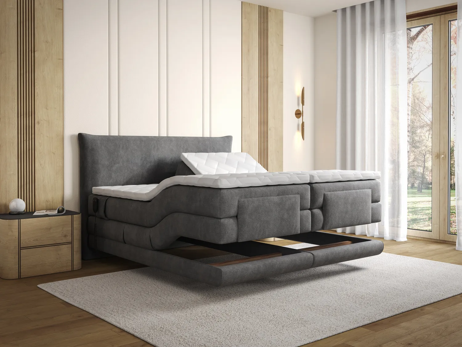 Conjunto completo boxspring cabecero + somieres con relax eléctrico + colchón + topper - 2 x 80 x 200 cm - Tela - Antracita - ZANORO de PALACIO
