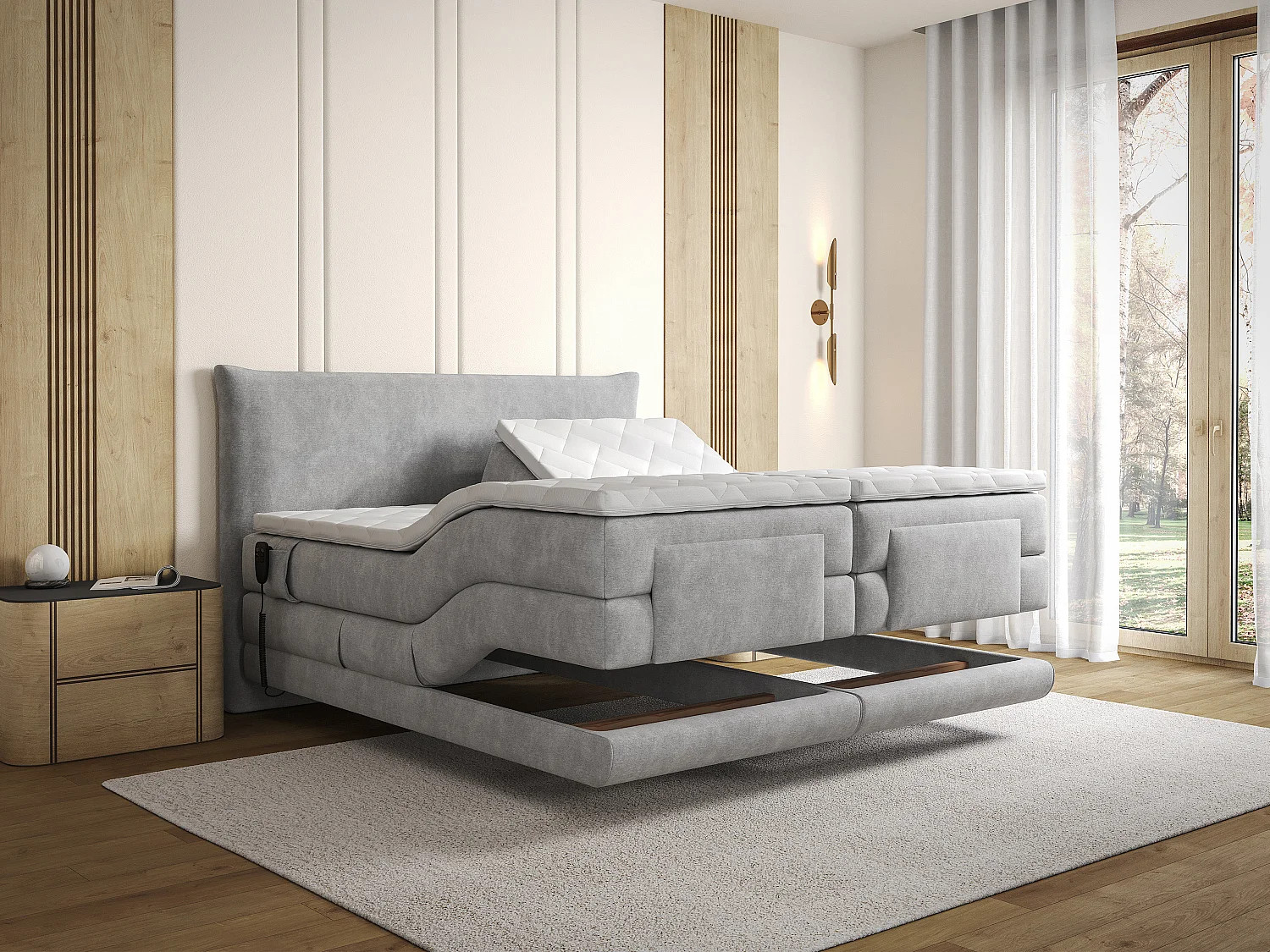 Ensemble complet boxspring tête de lit + sommiers relaxation électrique + matelas + surmatelas - 2 x 80 x 200 cm - Tissu - Gris clair - ZANORO de PALACIO