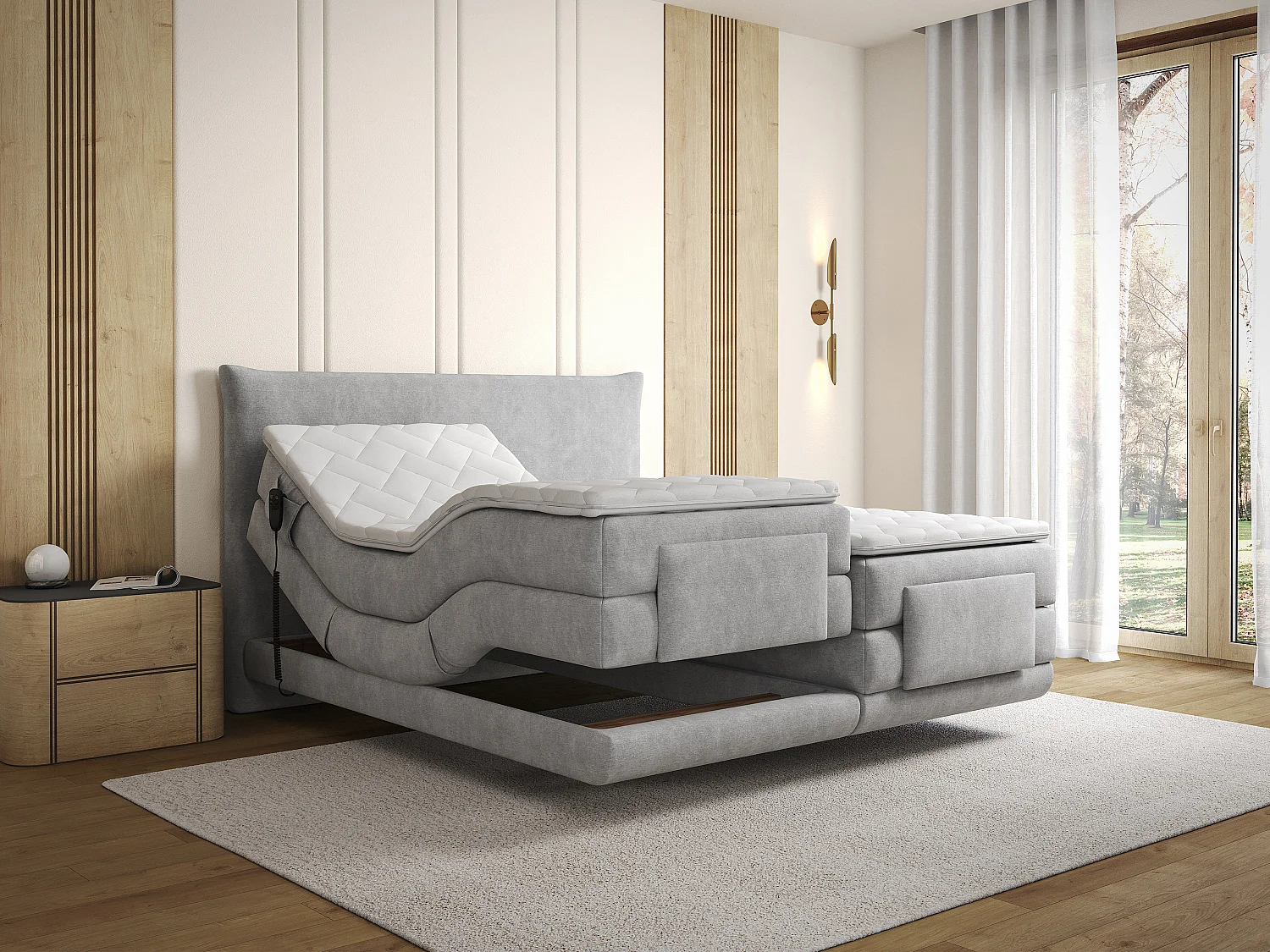 Komplett boxspring-set sänggavel + elektriska reglerbar resårbottnar + madrass + bäddmadrass - 2 x 80 x 200 cm - Tyg - Ljusgrå - ZANORO från PALACIO