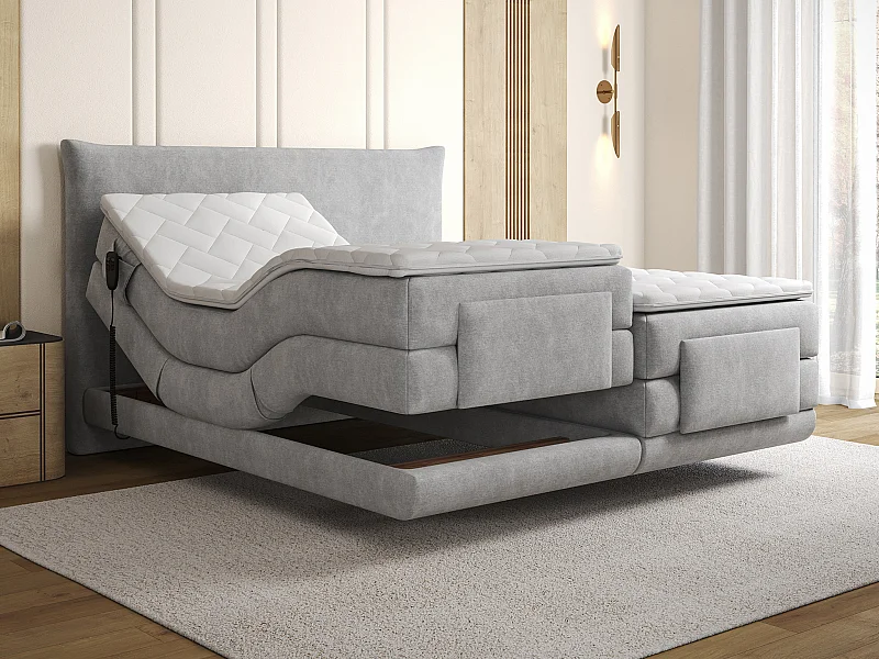 Komplettes Boxspring-Set mit Kopfteil + elektrisch verstellbare Lattenroste + Matratze + Topper - 2 x 90 x 200 cm - Stoff - Hellgrau - ZANORO von PALACIO