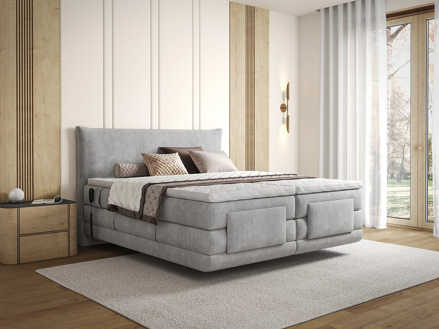 Ensemble complet boxspring tête de lit + sommiers relaxation électrique + matelas + surmatelas - 2 x 90 x 200 cm - Tissu - Gris clair - ZANORO de PALACIO
