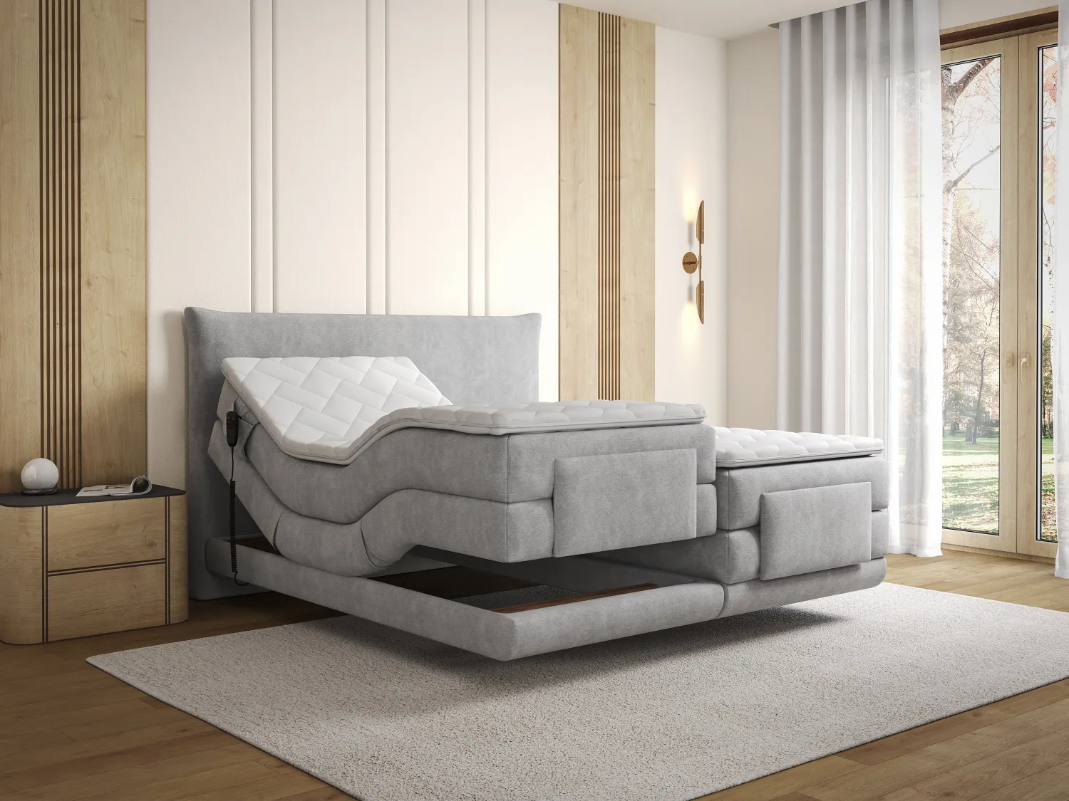 Conjunto completo boxspring cabecero + somieres con relax eléctrico + colchón + sobrecolchón - 2 x 90 x 200 cm - Tejido - Gris claro - ZANORO de PALACIO