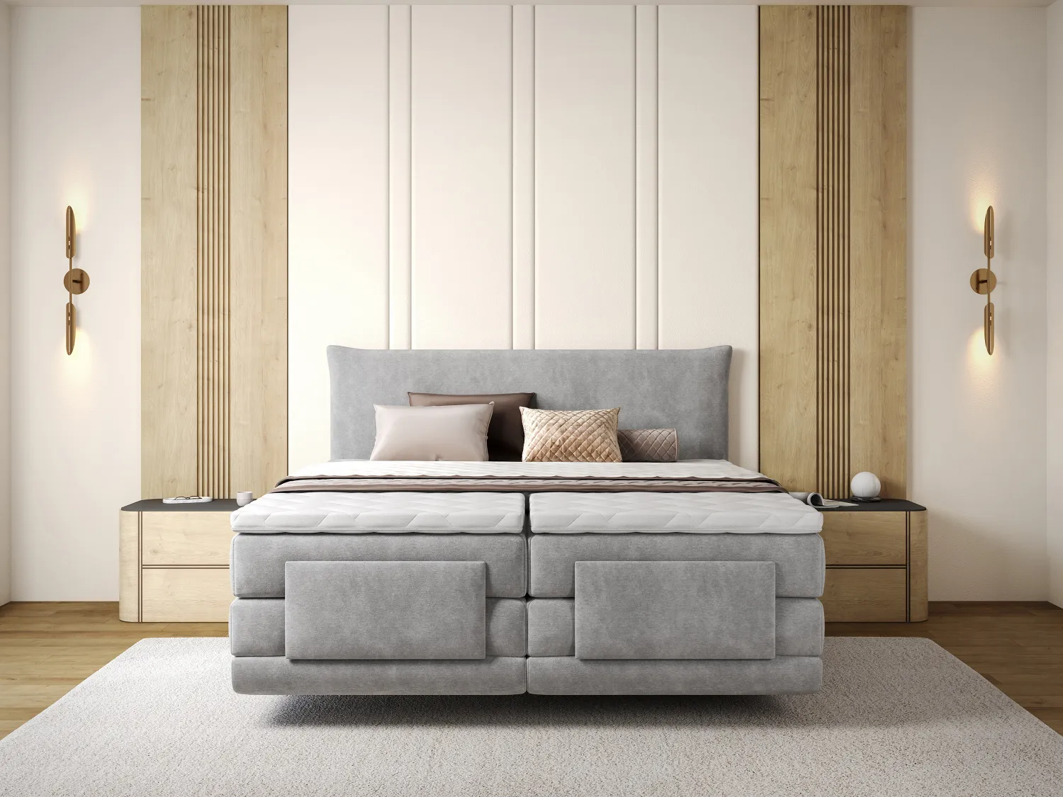 Conjunto completo boxspring cabecero + somieres con relax eléctrico + colchón + sobrecolchón - 2 x 90 x 200 cm - Tejido - Gris claro - ZANORO de PALACIO
