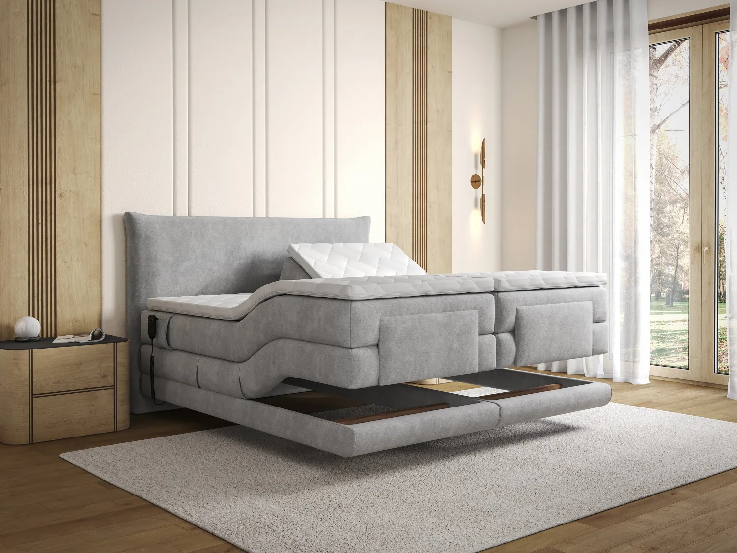 Conjunto completo boxspring cabecero + somieres con relax eléctrico + colchón + sobrecolchón - 2 x 90 x 200 cm - Tejido - Gris claro - ZANORO de PALACIO