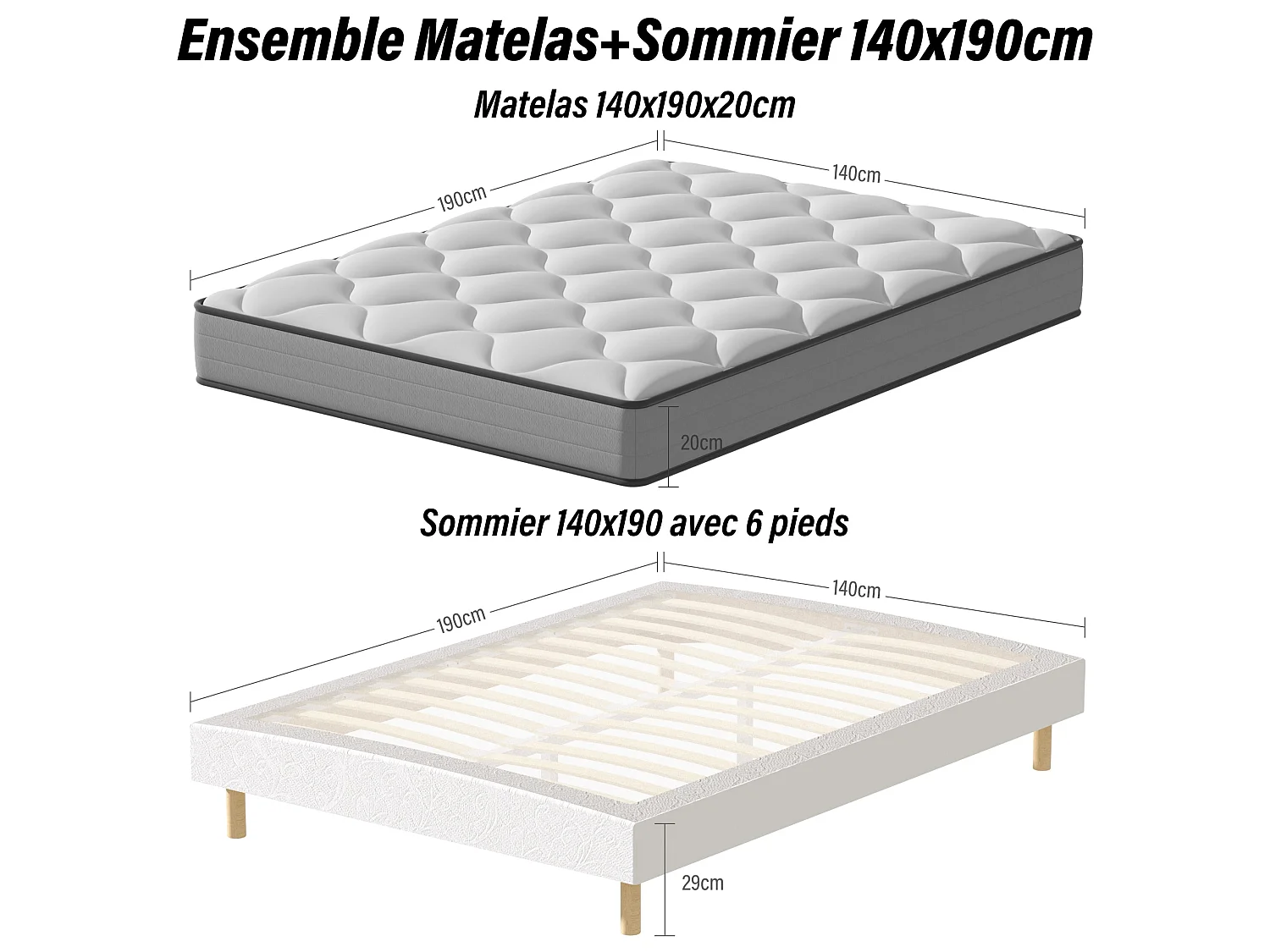 Ensemble Matelas à ressorts+ Sommier à Lattes 140x190cm, Epaisseur du Matelas 20cm