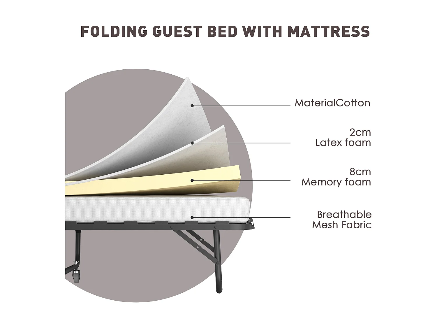 Lit pliant 90x200 CM avec matelas de 10 cm