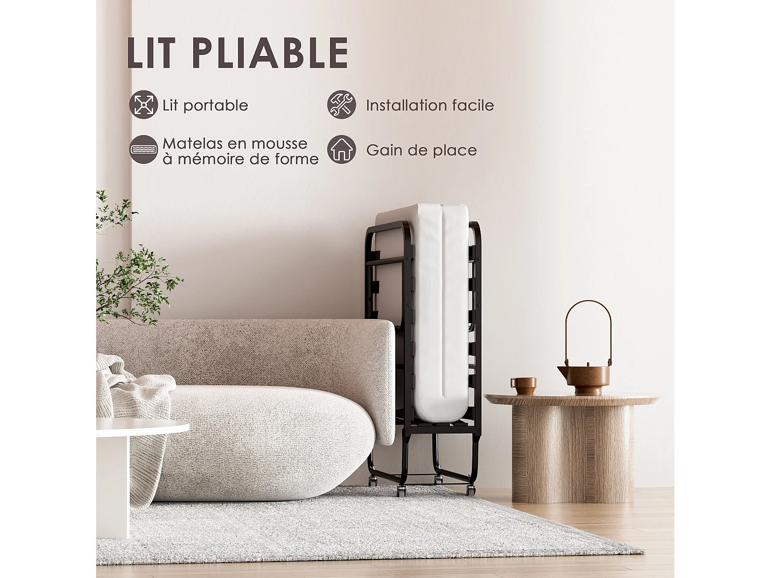 Lit pliant 90x200 CM avec matelas de 10 cm
