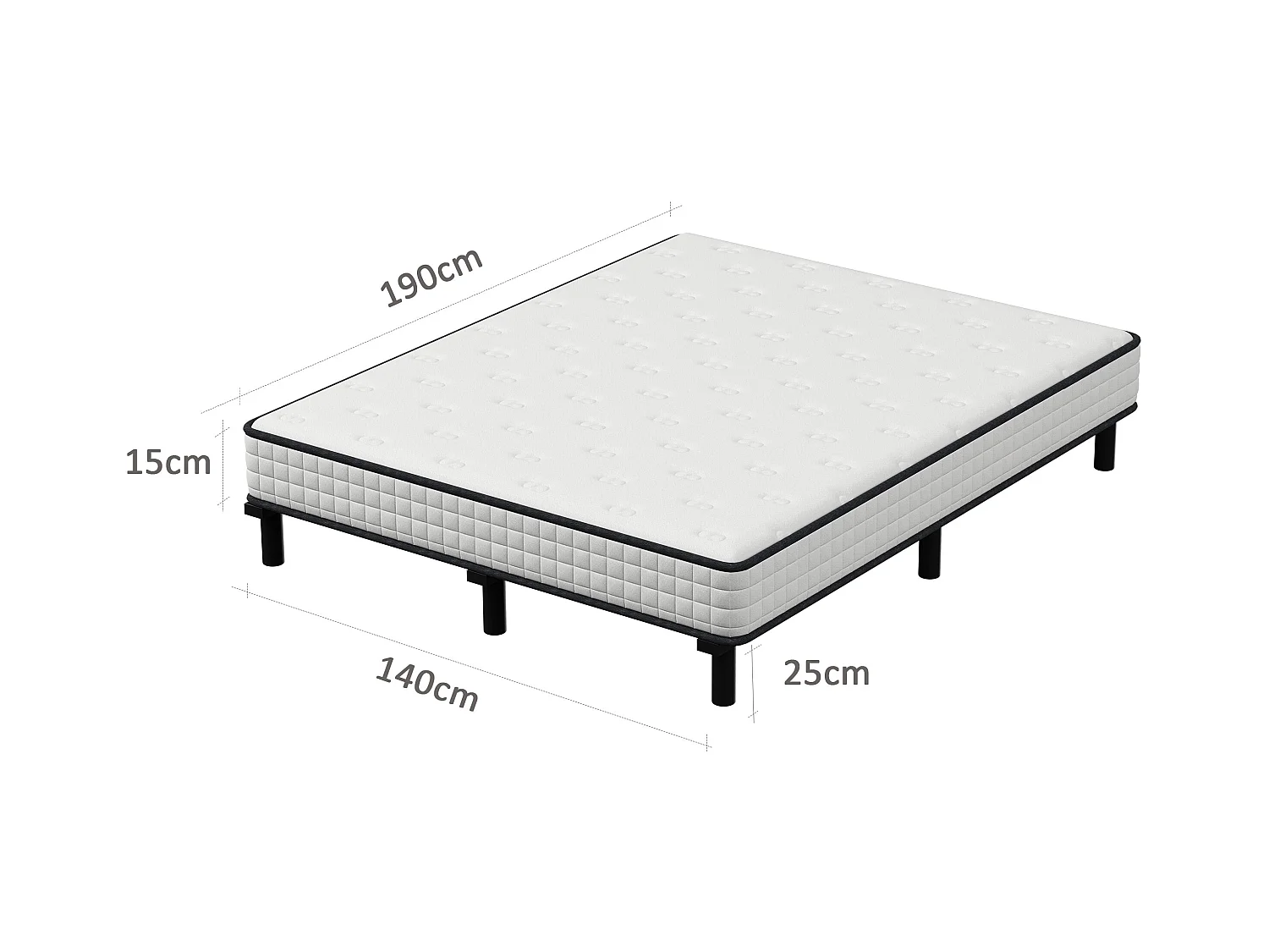 Ensemble matelas et sommier de 140x190 cm, 9 pieds, 15 cm d'épaisseur