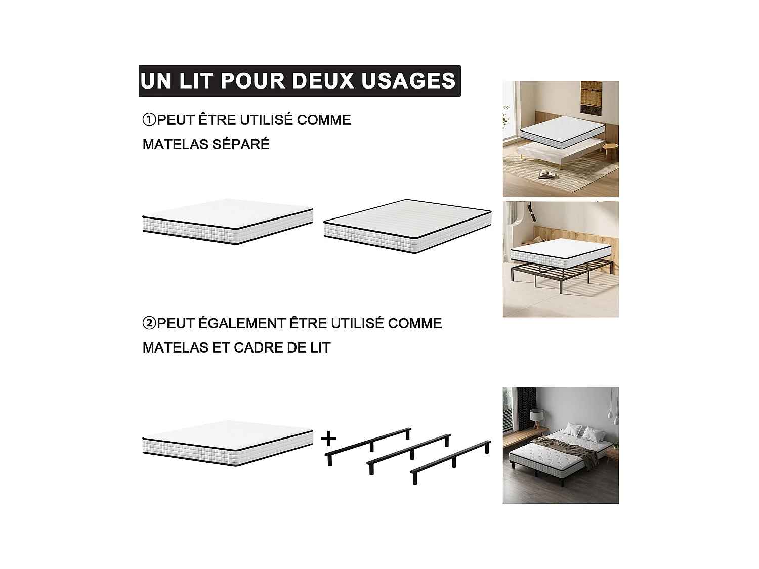 Ensemble matelas et sommier de 140x190 cm, 9 pieds, 15 cm d'épaisseur