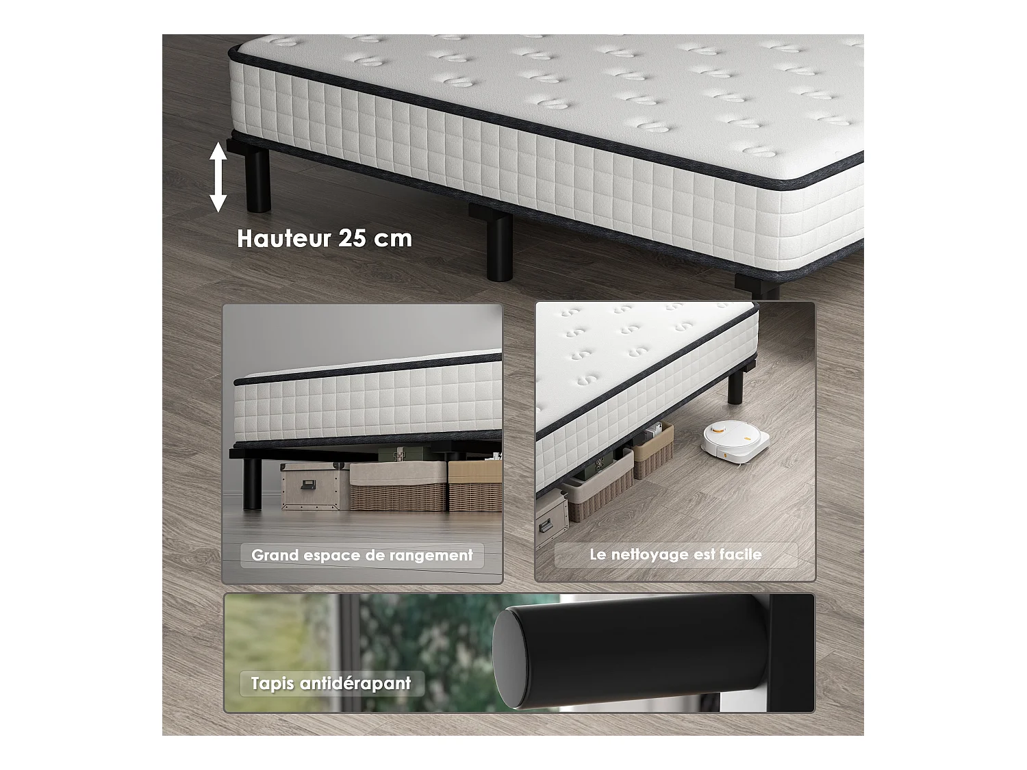Ensemble matelas et sommier de 140x190 cm, 9 pieds, 15 cm d'épaisseur