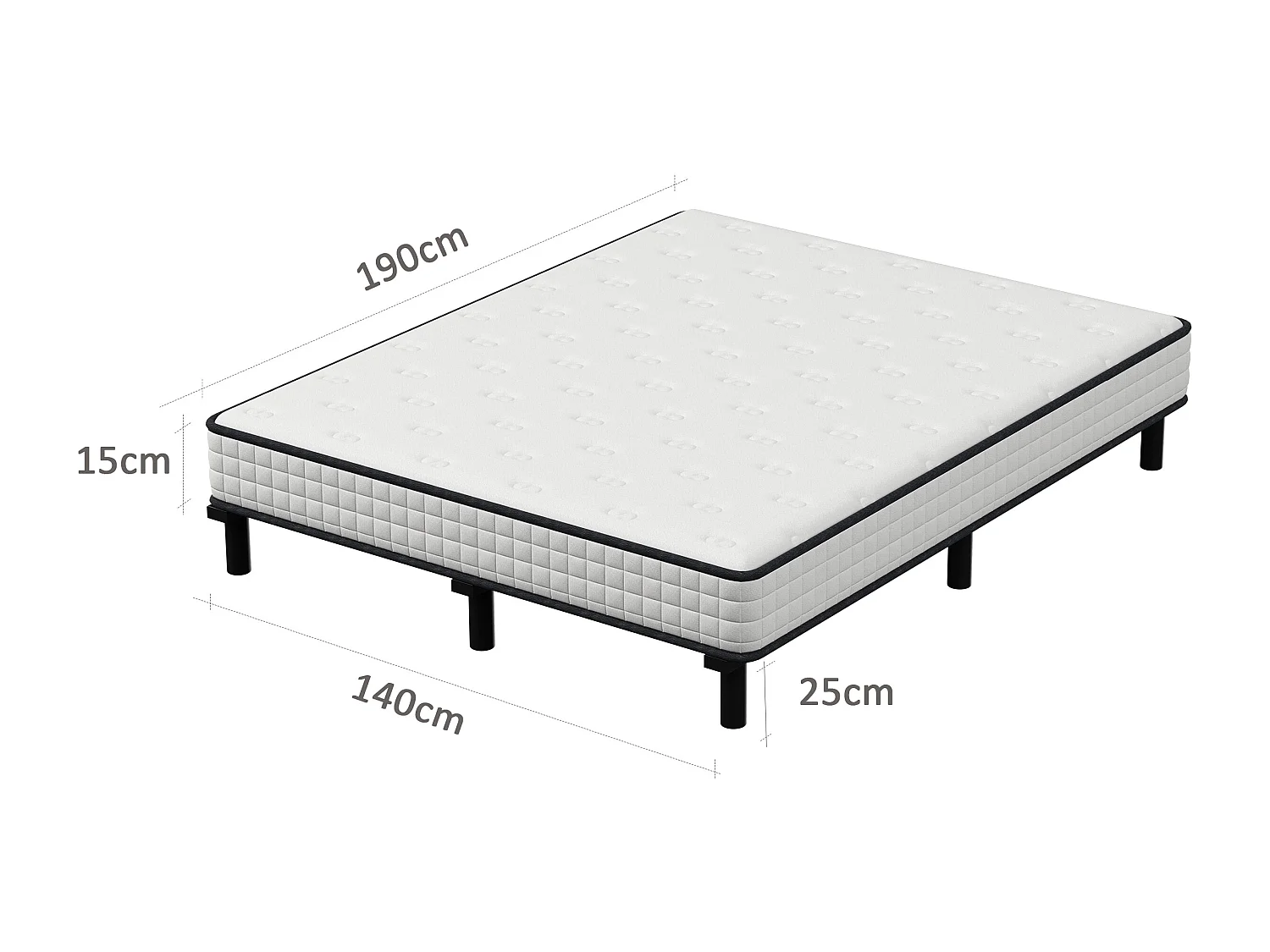 Ensemble matelas et sommier de 140x190 cm, 9 pieds, 15 cm d'épaisseur