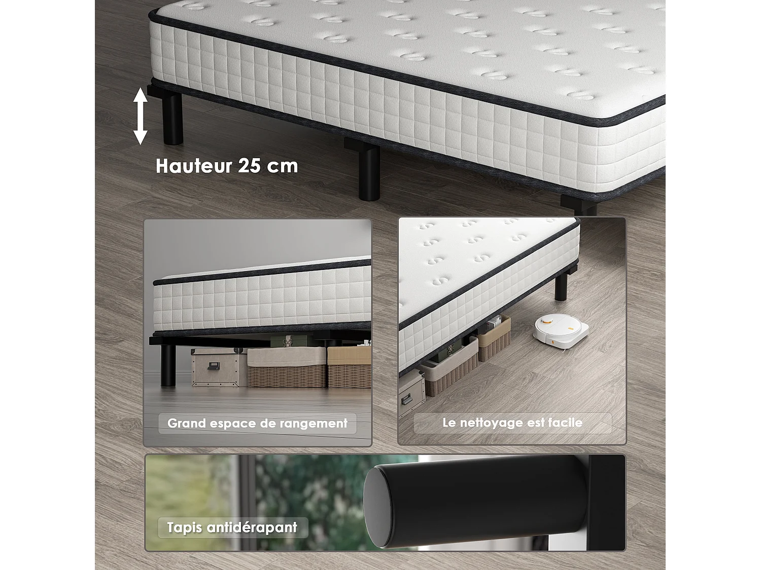 Ensemble matelas et sommier de 140x190 cm, 9 pieds, 15 cm d'épaisseur