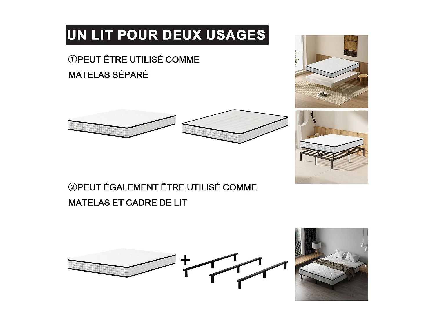 Ensemble matelas et sommier de 140x190 cm, 9 pieds, 15 cm d'épaisseur