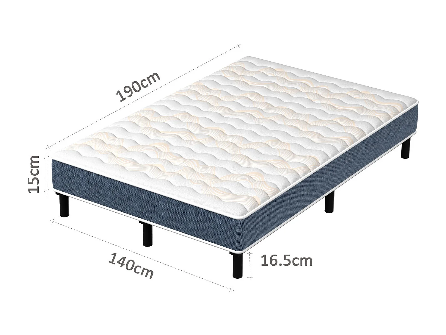 Ensemble matelas et sommier de 140x190 cm, 9 pieds, 15 cm d'épaisseur