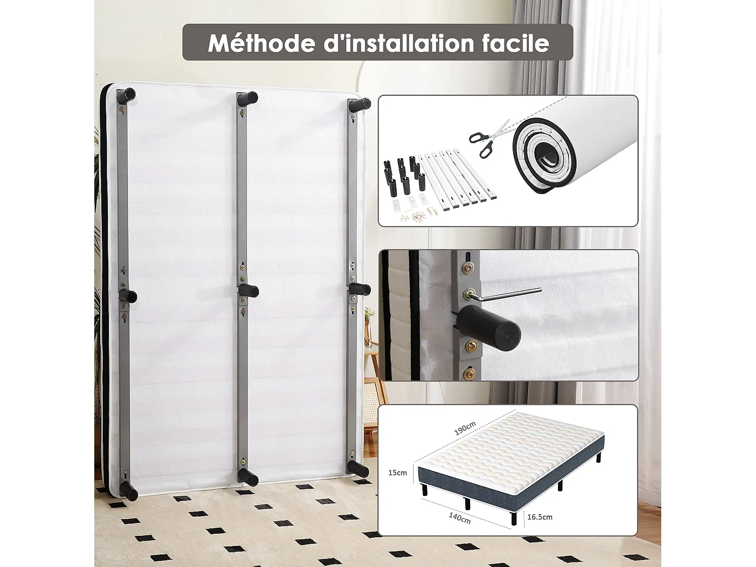 Ensemble matelas et sommier de 140x190 cm, 9 pieds, 15 cm d'épaisseur